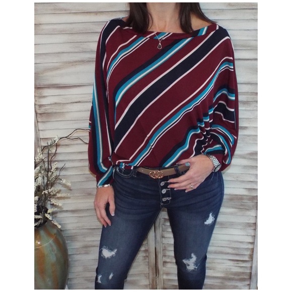 Striped Boatneck Dolman Off Shoulder Burgundy 0120 - Picture 3 of 11